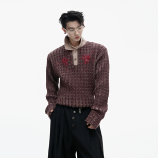 上衣 钻石纽扣贵气修身 ArguE CulturE复古撞色亮片翻领毛衣针织衫