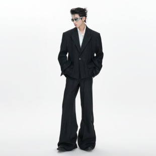 ArguECulturE阶级原创收腰轮廓垫肩双排扣风琴褶西装外套西裤套装