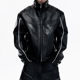 ArguE26ss塞纳*重磅宫廷扣碳纤维骨线短宽皮衣夹克正肩机车外套