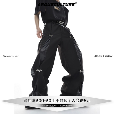 CulturE小众解构金属飞机扣西裤皮拼接设计感休闲直筒裤垂感长裤