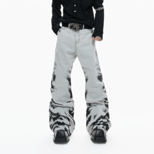 廓形直筒微喇长裤 ArguE26ss 尘斑小众做旧水洗虎纹扎染灰白牛仔裤