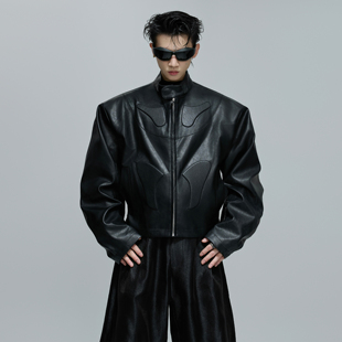 ArguE CulturE小众立体浮雕解构立领廓形夹克外套机车盔甲皮衣男