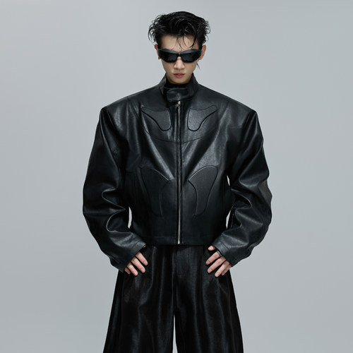 立体浮雕解构立领廓形夹克皮衣