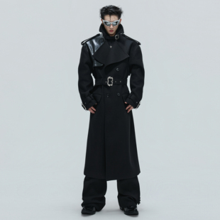 ArguE CulturE鳄鱼纹皮拼接羊毛廓形毛呢大衣绑带金属扣长款风衣