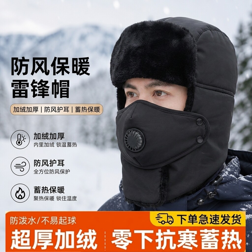 雷锋帽冬季男加绒加厚防水带口罩呼吸阀护脸保暖防风护耳两戴帽子