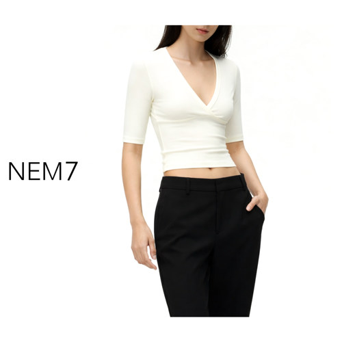 NEM7 2026 法式深v中袖切割高弹高质量打底衫显瘦t恤