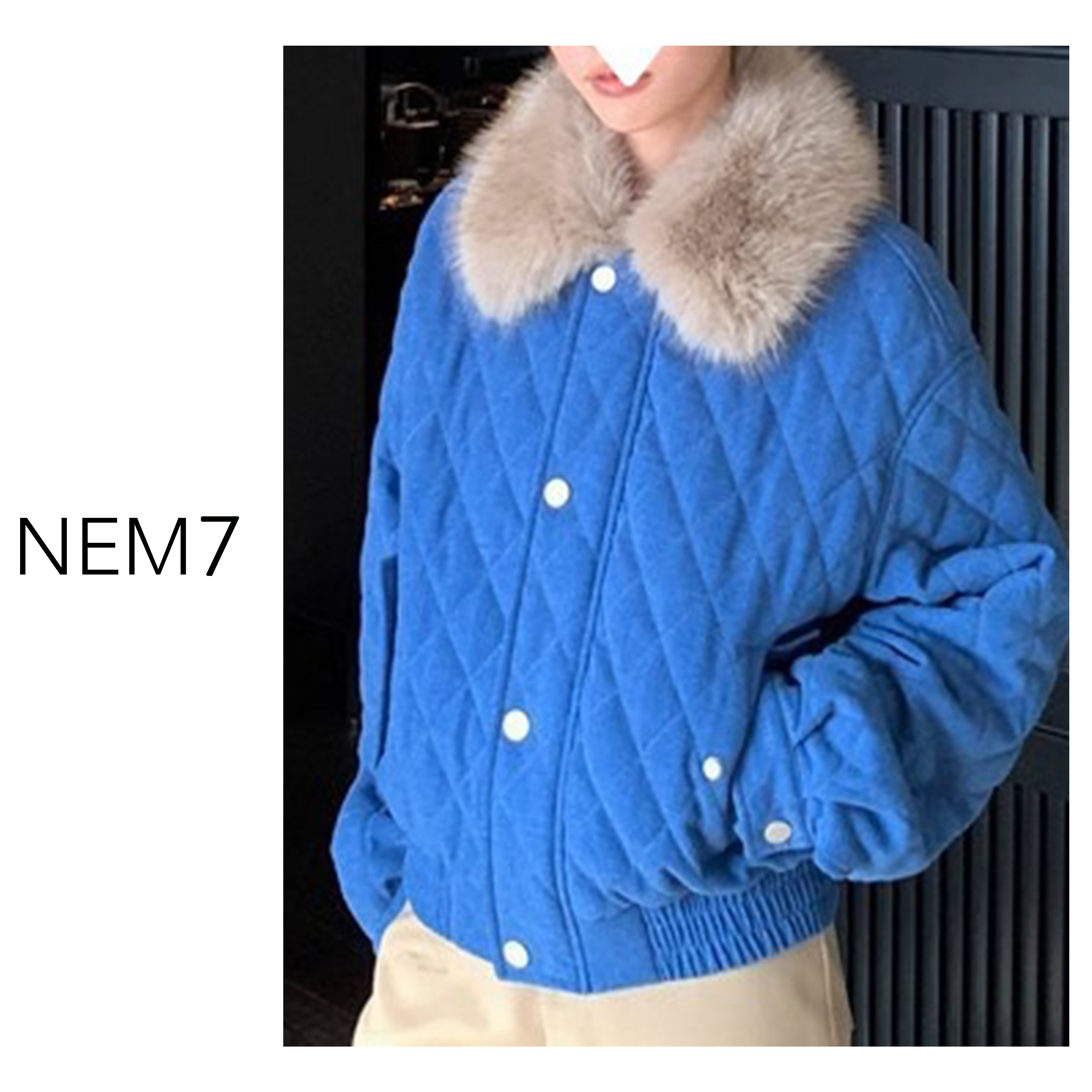 NEM7 2025 北海道漫步蓝色菱形格夹棉环保毛领棉服百搭短款外套