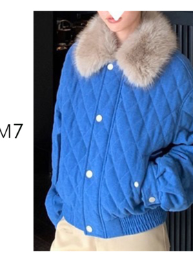 NEM7 2025 北海道漫步蓝色菱形格夹棉环保毛领棉服百搭短款外套