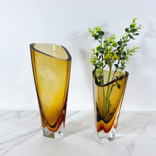 饰花器 创意琉璃茶色三角切口玻璃储水花瓶摆件插花玄关桌面家居装