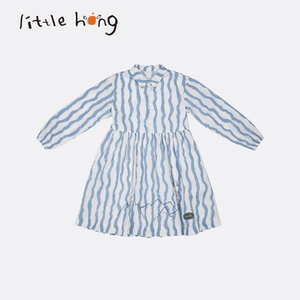 little hong女童衬衫连衣裙春秋棉质条纹泡泡袖长裙|KQZG1206