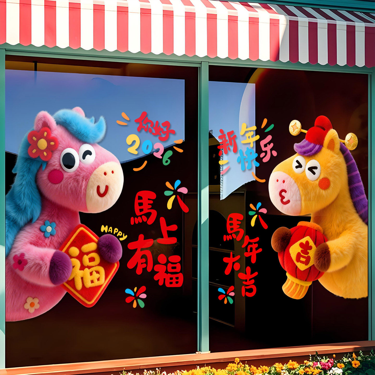 2026新年卡通马年福字贴纸春节装饰门贴新年快乐橱窗玻璃UV贴纸画,家居饰品,门贴,淘宝优惠券,粉丝福利购,淘宝优惠卷