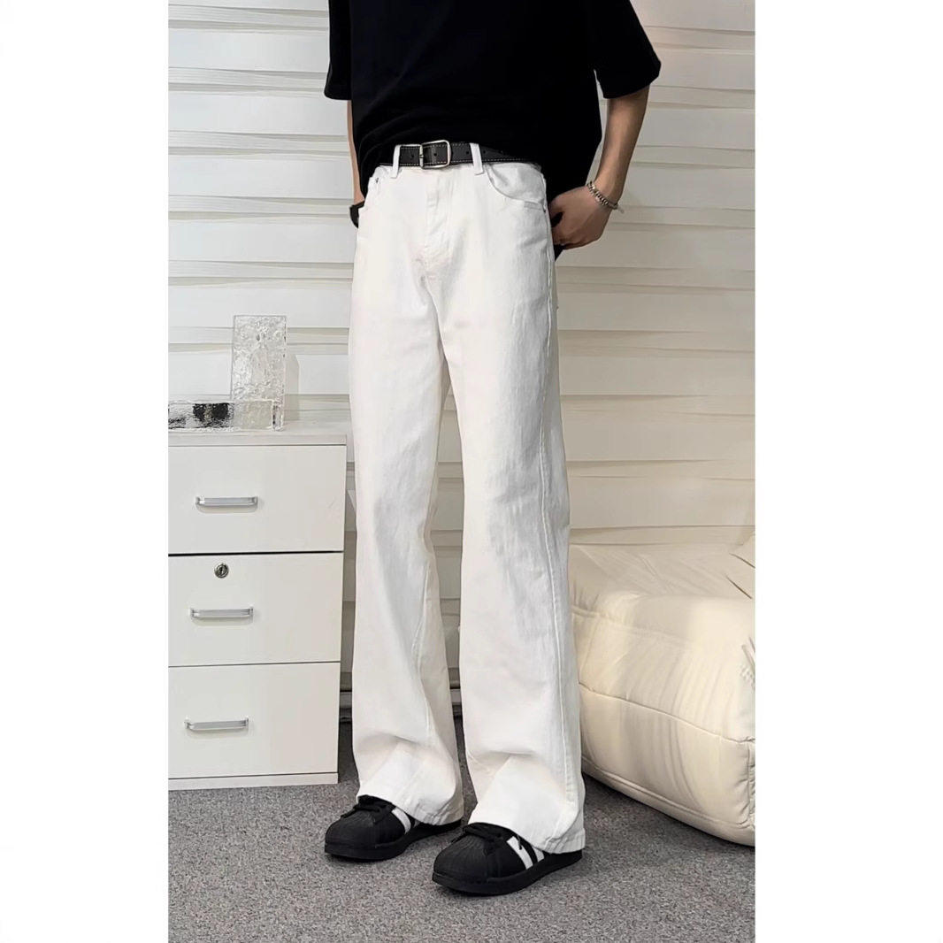 美式风白色牛仔裤男宽松直筒微喇长裤高级感小众潮流裤子