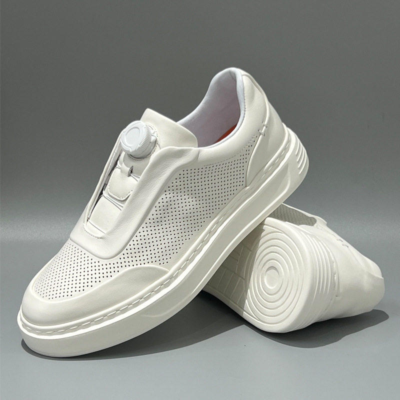 夏季镂空小白鞋男透气白色板鞋真皮一脚蹬新款头层牛皮男士休闲鞋