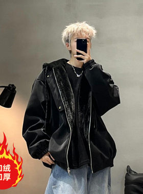 DISROBEING冬季加厚夹克连帽皮衣男座山雕显瘦宽松棉服保暖外套潮