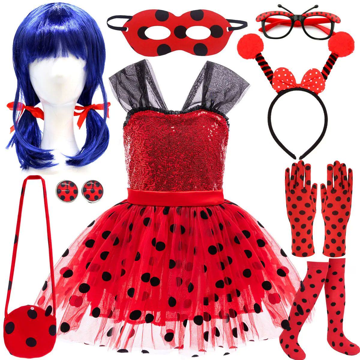 2026 Girls Ladybug Red Costume Set with Wig Mask Dress Bag G图片
