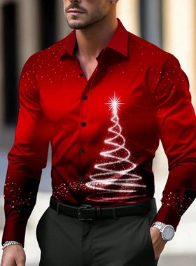 Christmas Theme Men's Christmas Trees Printed Shirts Snowfla