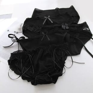 Black Bow Lace Underpant Panties Women Cotton Underwear Seam