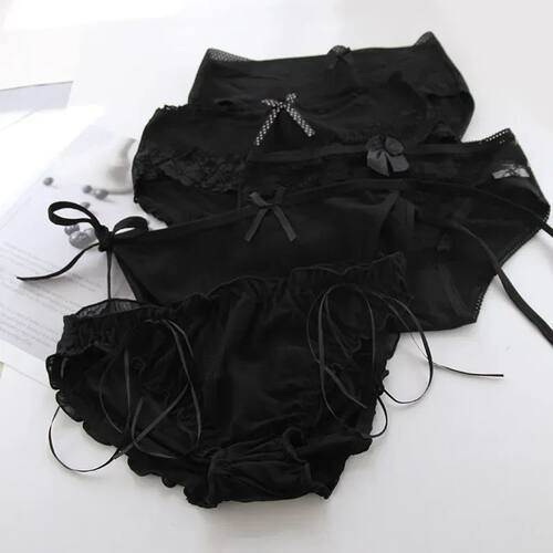 Black Bow Lace Underpant Panties Women Cotton Underwear Seam