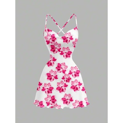 Women's Casual Floral Print Knit Dress Crisscross Thin Strap