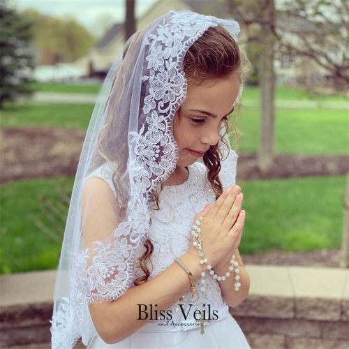 Short Flower Girl Veil Headwear Embroidered Lace White Ivory