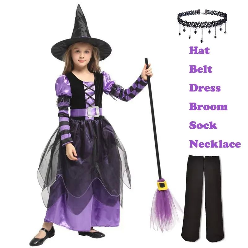 Halloween Children Purple Witch Costume Girls Fairytale Wiza