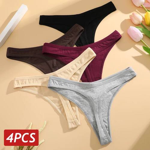 4PCS/Set Women Cotton Panties Seamless Low Rise Thongs V-Wai