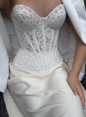 Steel Bone White Lace Corset V-Neck Top Overbust Sexy Sheer