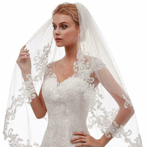 Wedding Bridal Veil White Ivory Embroidered Applique Double