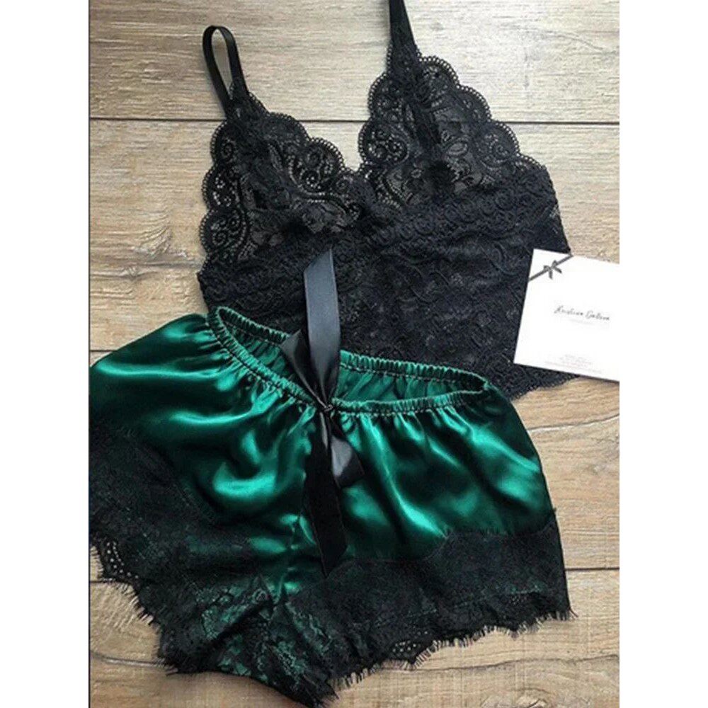 2 Pieces Pajamas Set for Women Sleepwear Sexy Lingerie Lace