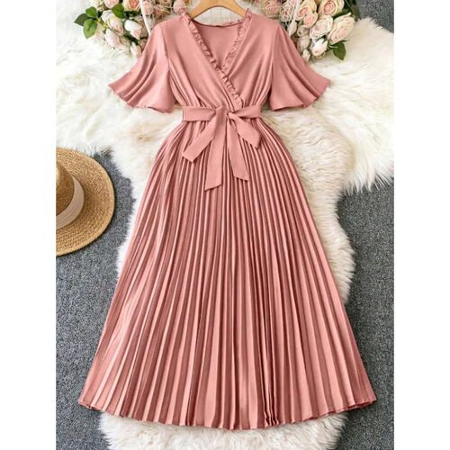Dusty Rose V-Neck Wrap Tie-Waist Pleated Maxi Dress with Ruf
