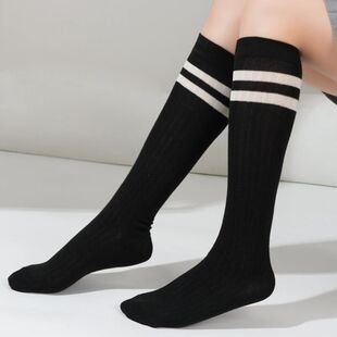 Long Socks White Striped Knee Black Cotton Women Japanese