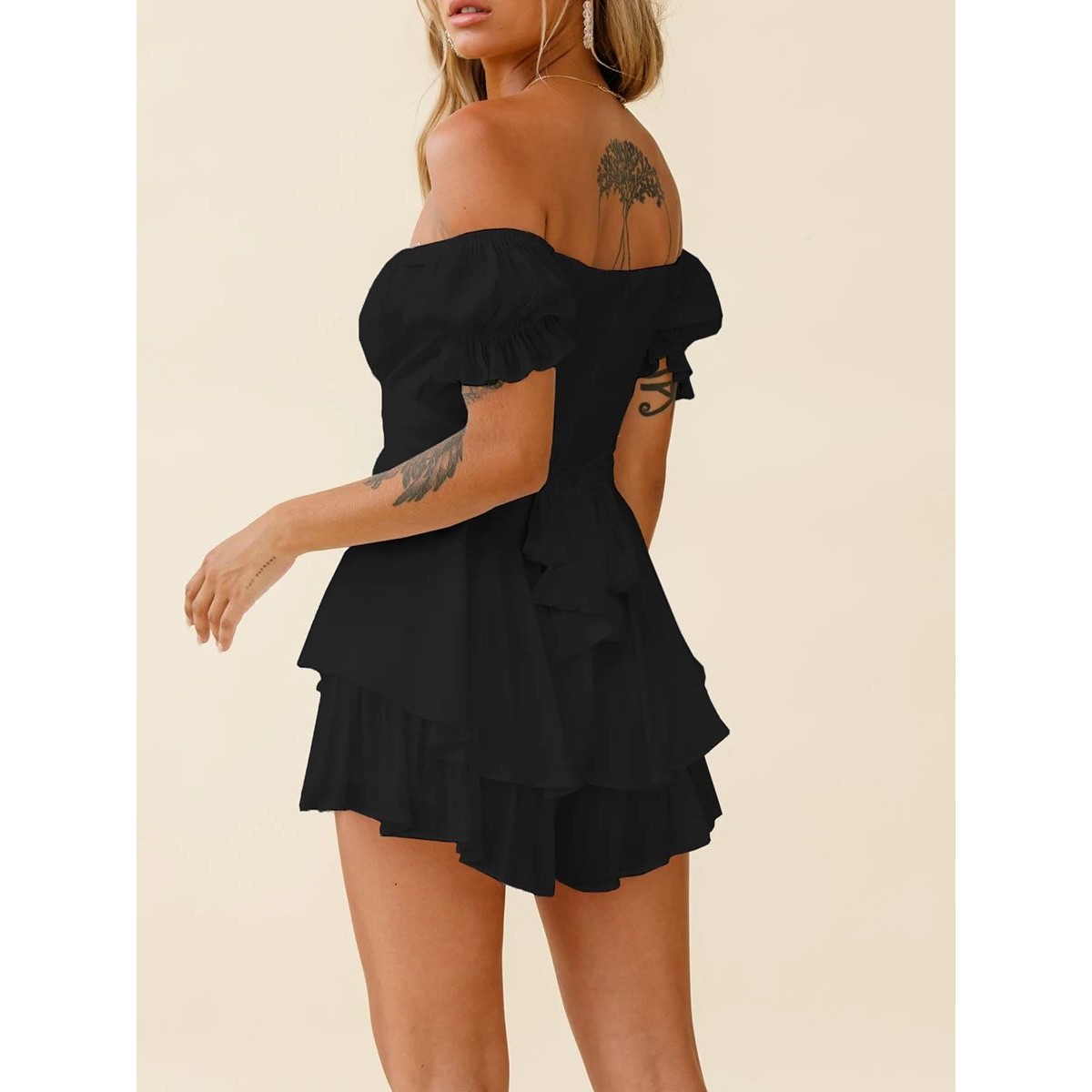 Women s Boho Off Shoulder Romper Double Layer Ruffle Hem Lan