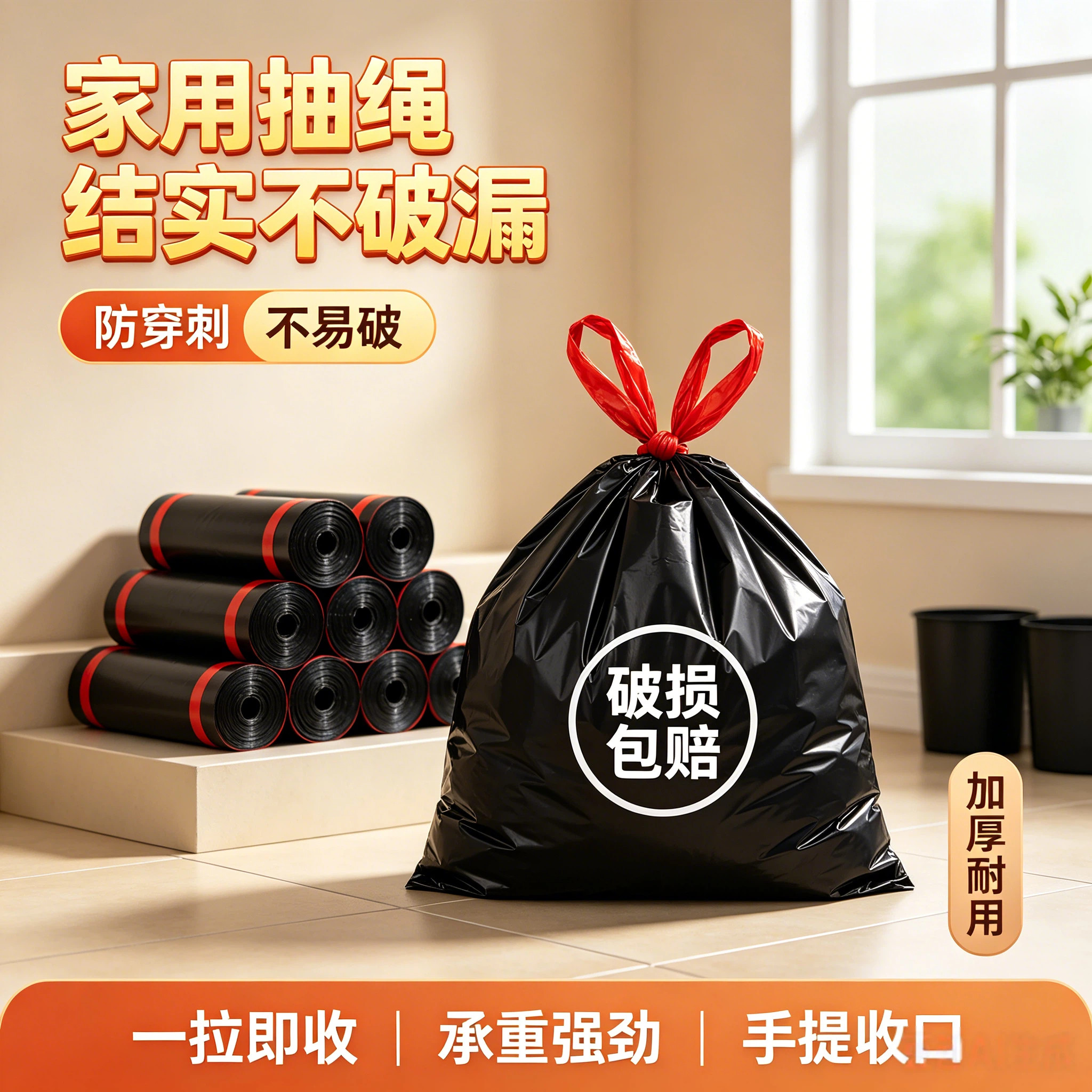 加厚抽绳垃圾袋家用厨房大号黑色塑料袋手提式学生宿舍垃圾袋子