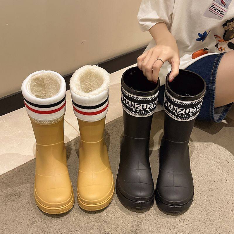 厨师防滑冬季加绒保暖雨鞋女时尚水靴中筒防水鞋厨房胶鞋外出徒步