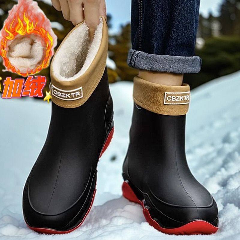 厨房防滑防水雨鞋女时尚男款厨房收口防雨防水鞋加绒防滑水靴工作