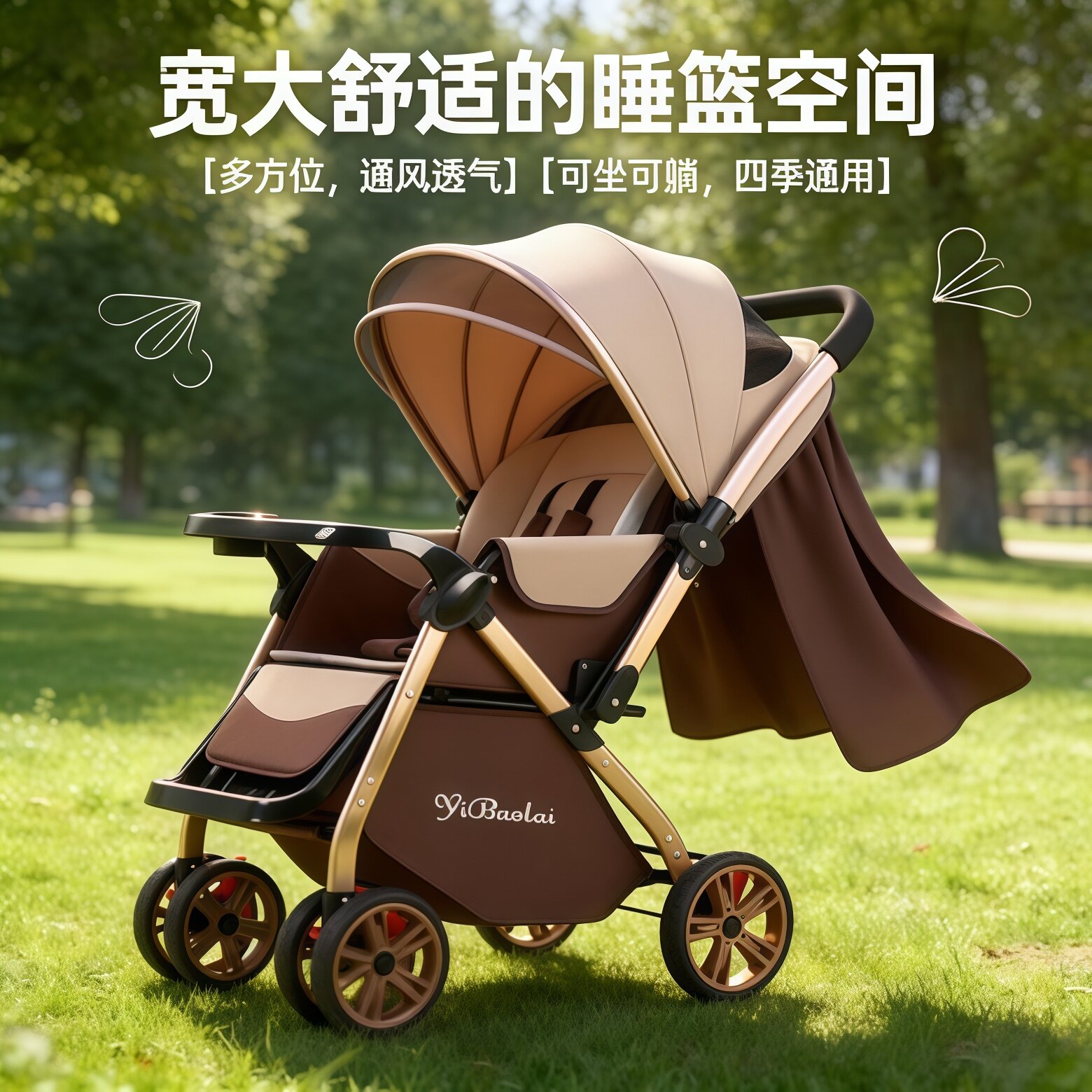 婴儿车可坐可躺0到3岁轻便折叠一键收车双向四轮避震新生宝宝推车