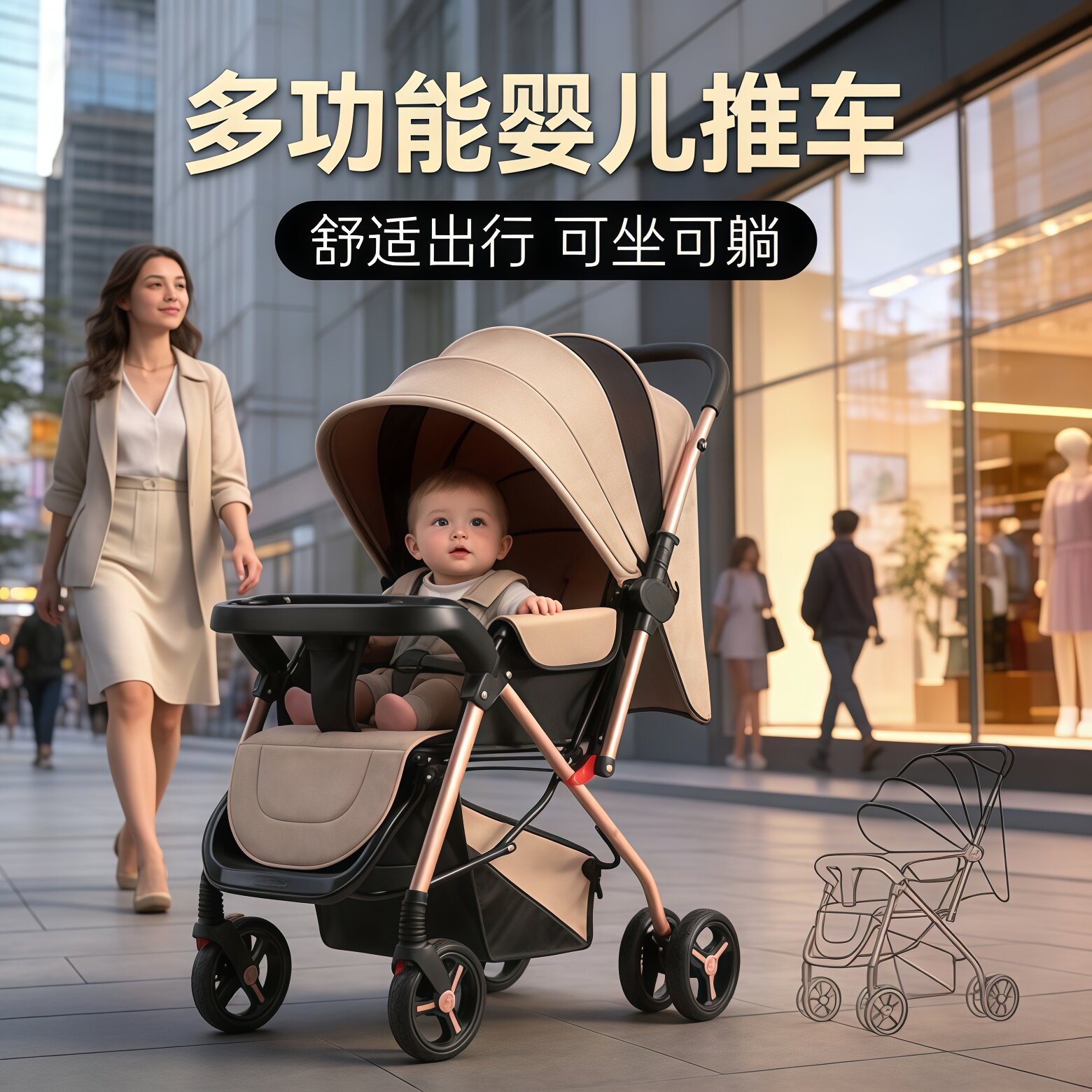 婴儿可坐可躺小推车轻便折叠双向一键收车四轮避震新生儿宝宝推车