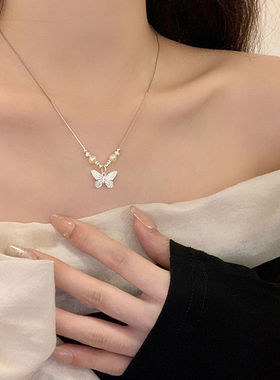 新款蝴蝶珍珠串珠项链时尚设计感配饰通勤百搭轻奢简约身体锁骨链