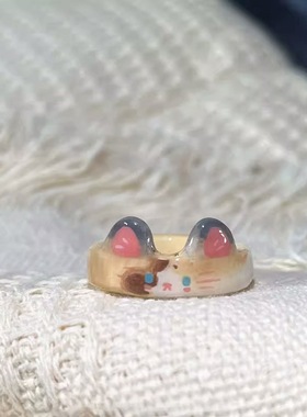 可爱卡通童趣布偶猫喵星人戒指小众手饰少女心简约百搭尾戒
