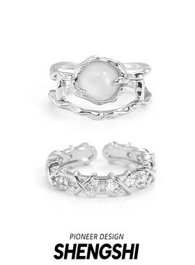 新款双层月光石戒指女开口锆石