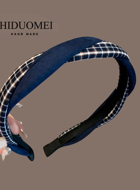 森系复古格纹藏蓝色编织发箍2026年新款百搭压发头箍洋气发卡头饰