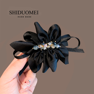 法式高级感布艺褶皱花朵一字夹精致水晶半扎发横夹弹簧夹时尚顶夹
