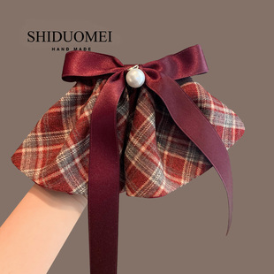 法式复古新年红色格纹裙摆发夹百搭气质蝴蝶结飘带顶夹半扎发弹夹