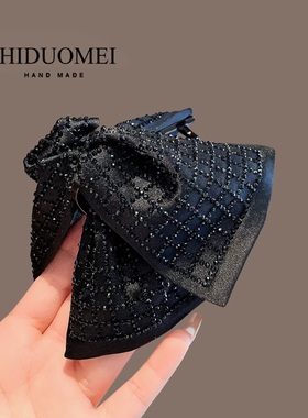 赫本风高级感满钻格纹黑色抓夹高端气质后脑盘发鲨鱼夹马尾夹发卡