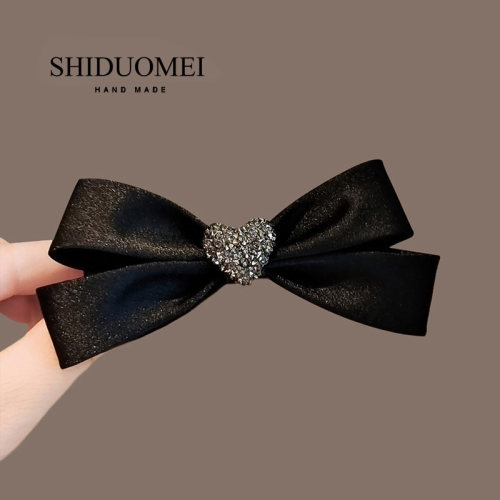 高级感爱心水钻黑色蝴蝶结发夹女