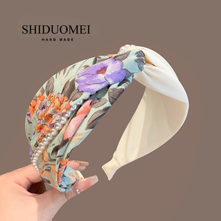 莫奈花园复古珍珠交叉发箍女气质田园风高颅顶头箍宽边压发卡头饰