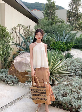 UONE新款上新时尚复古中式国风无袖上衣高腰显瘦半身裙套装女