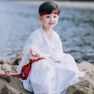 汉服儿童演出服古装中国风男童春秋交领女孩白色超仙侠国学表演服