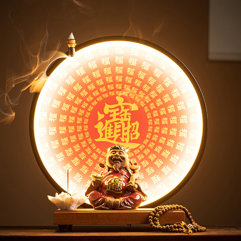 新中式陶瓷招财文财神爷摆件灯圈家用乔迁店铺办公室公司开业送礼
