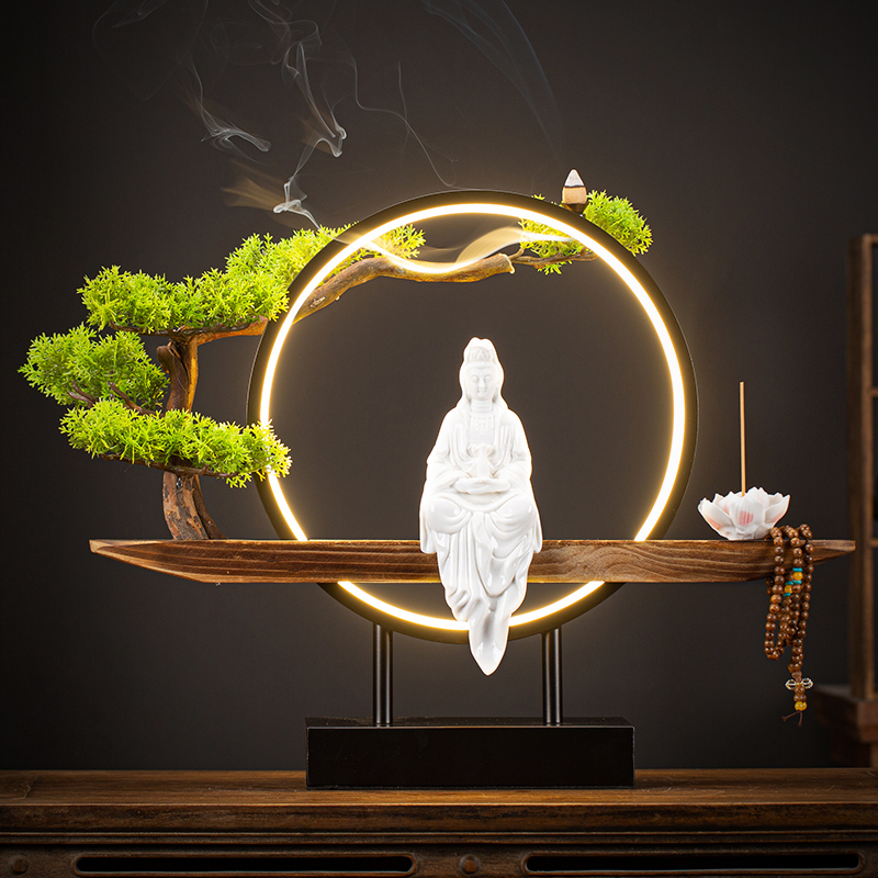 观音菩萨佛像家用南海观音像 陶瓷摆件客厅高级感电视柜灯圈摆设